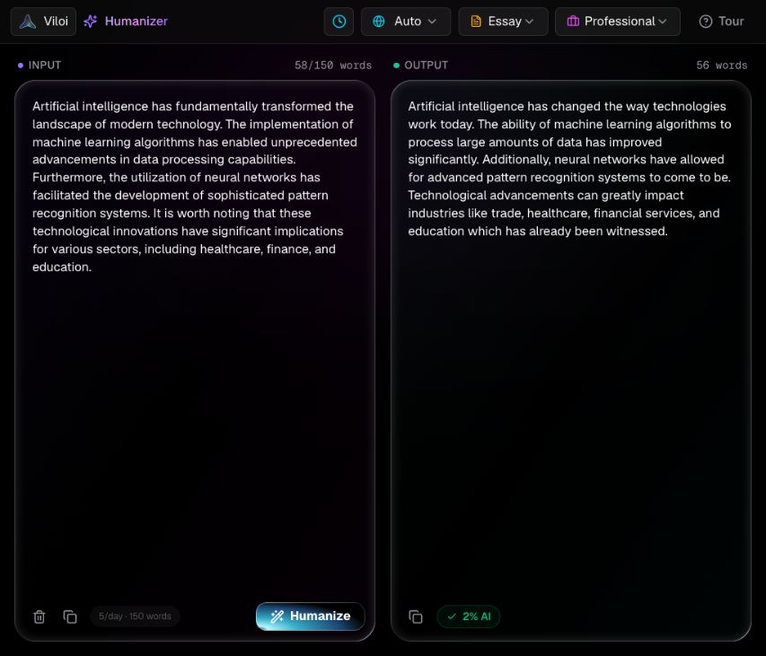 Viloi’s live editor with its built-in sample text on the left and the completed rewrite on the right